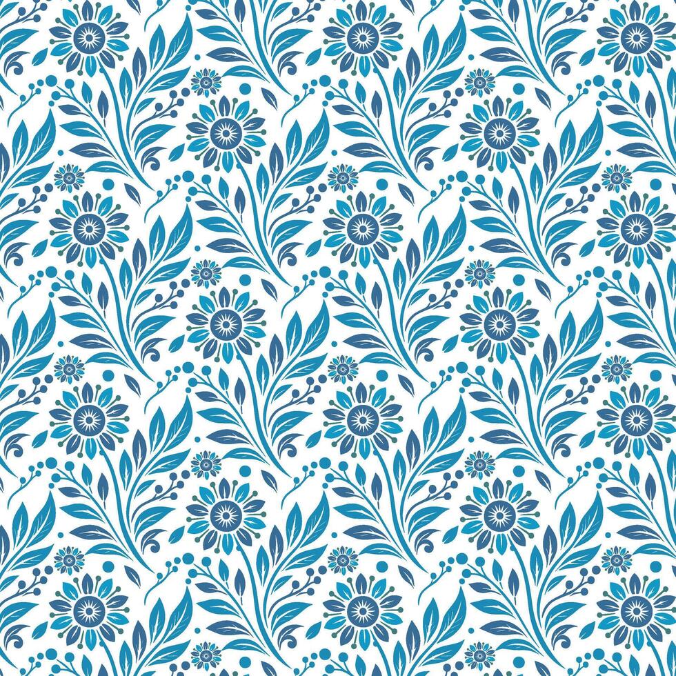 delicate blue leaf and flower pattern for textile and fashion design vector