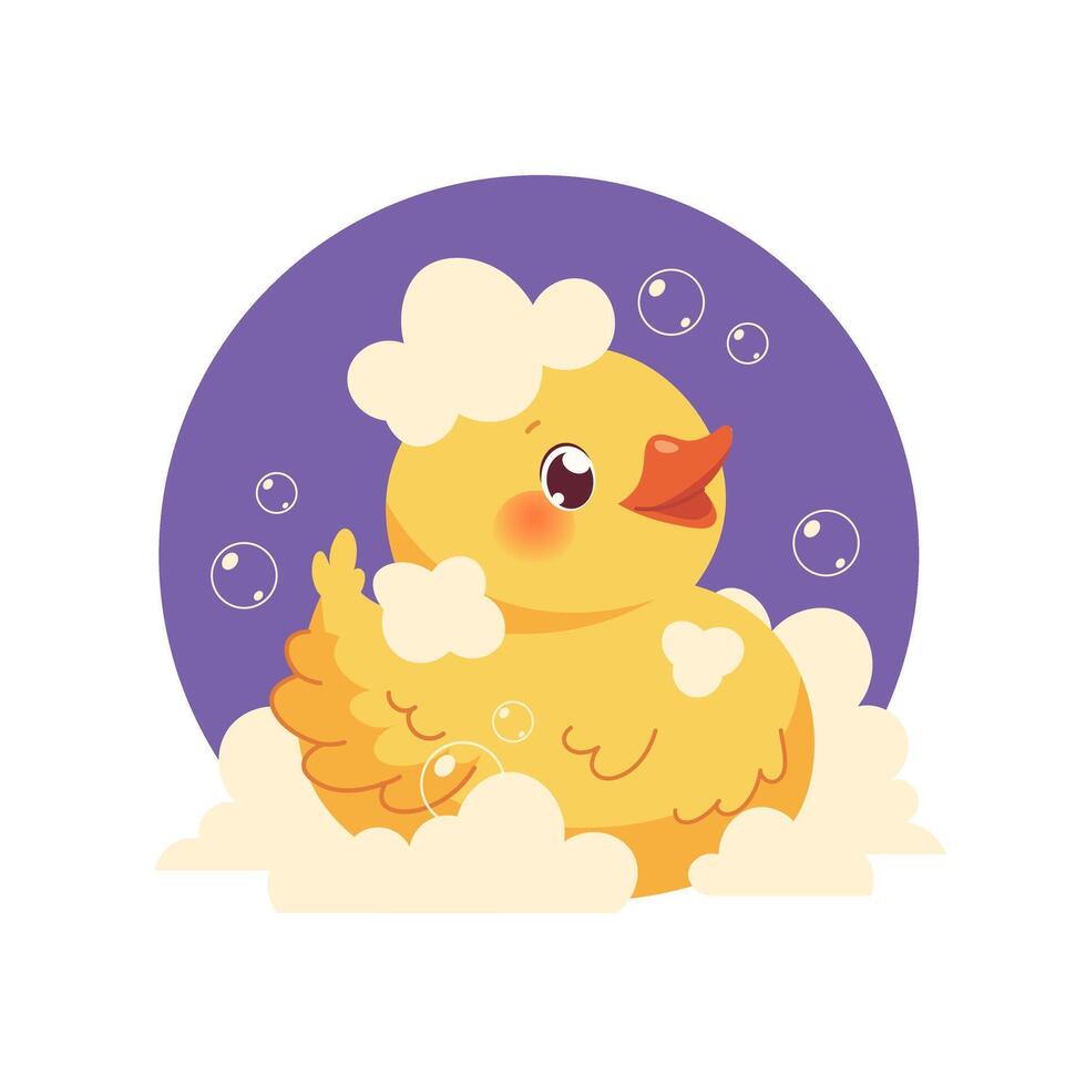 Cute kawaii duck on white background. Yellow duckling swimming in water with soap bubbles. Duckling for baby shampoo design vector