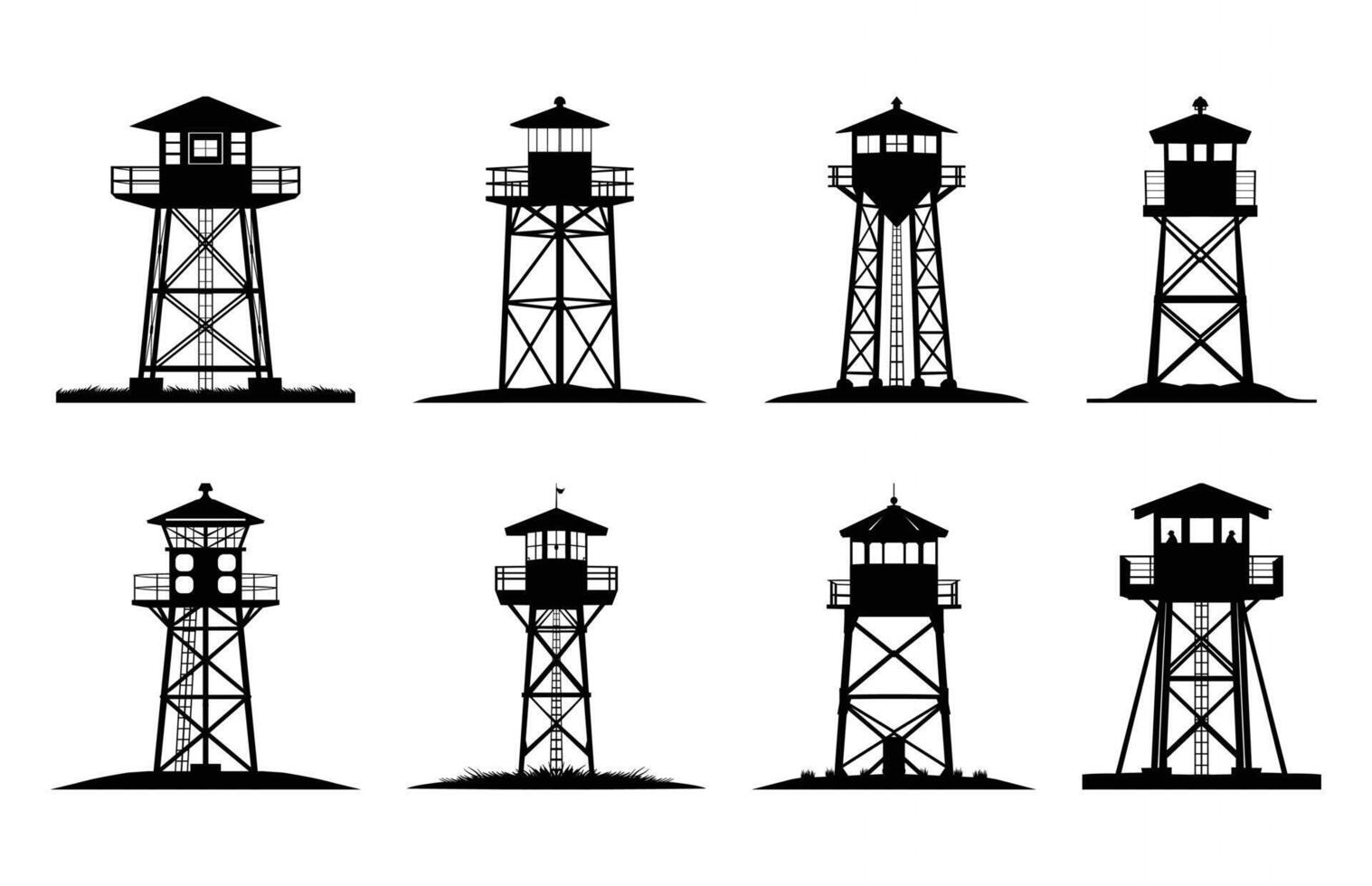 Fire Lookout Tower Silhouette Black Clipart Set vector