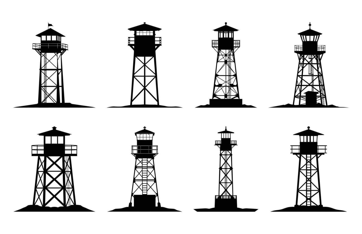 Fire Lookout Tower Silhouette Set vector