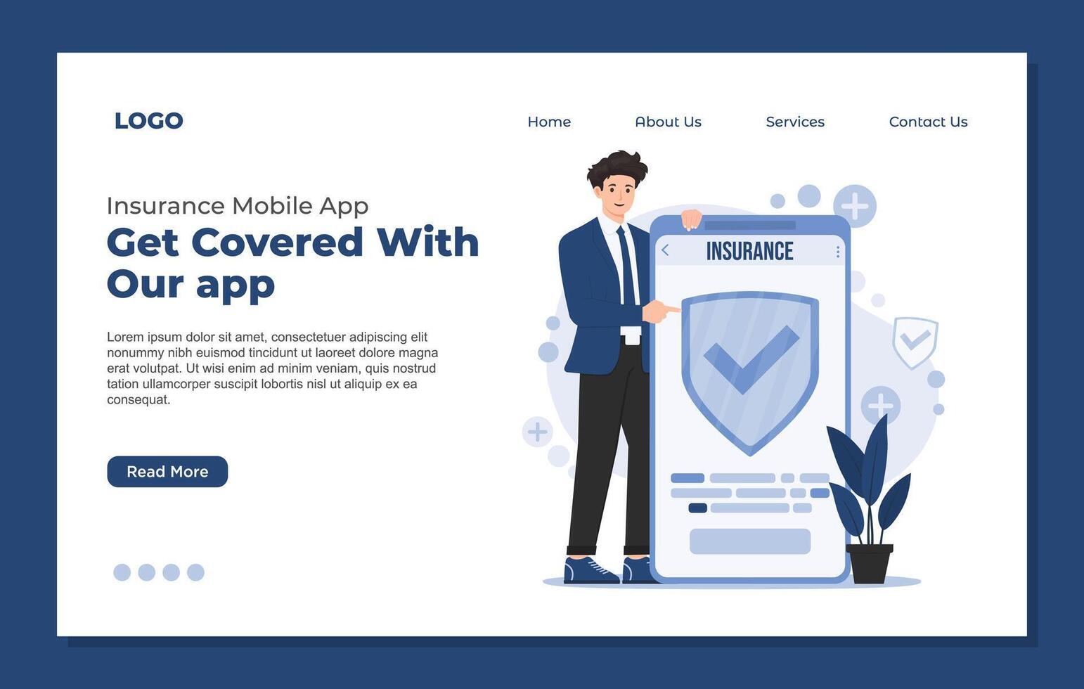 Landing page template Mobile app insurance concept with a businessman and shield icon. For digital insurance topic vector