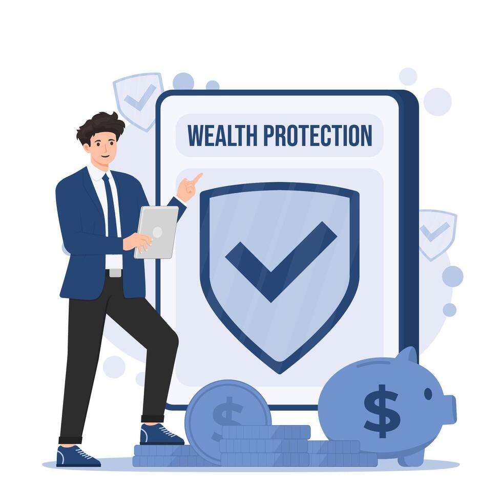 Asset insurance concept wealth with a businessman shield coins and piggy bank financial security vector
