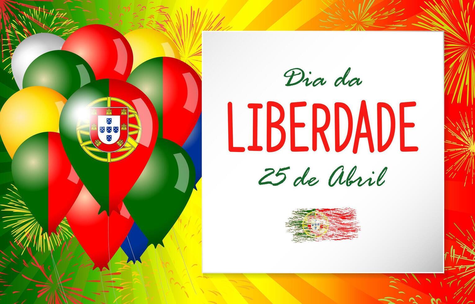 25 of April Liberation Day of Portugal postcard template. Revolution of Carnation Day holiday event invitation. 3D style graphic elements. Flag color balloons. Portugal's Freedom Day editable congrats vector