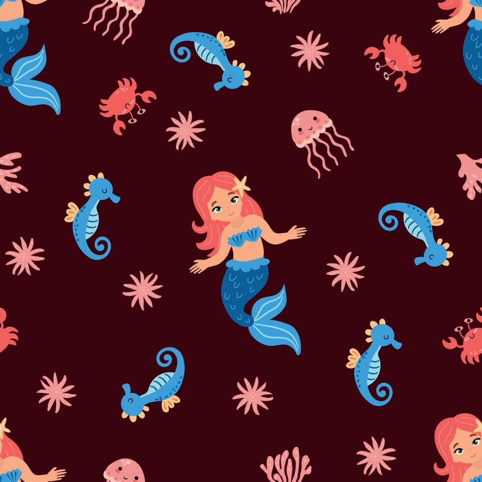 Seamless pattern with little mermaids. Underwater world with seahorses, crabs and jellyfish. Design for fabric, textile, wallpaper, packaging vector