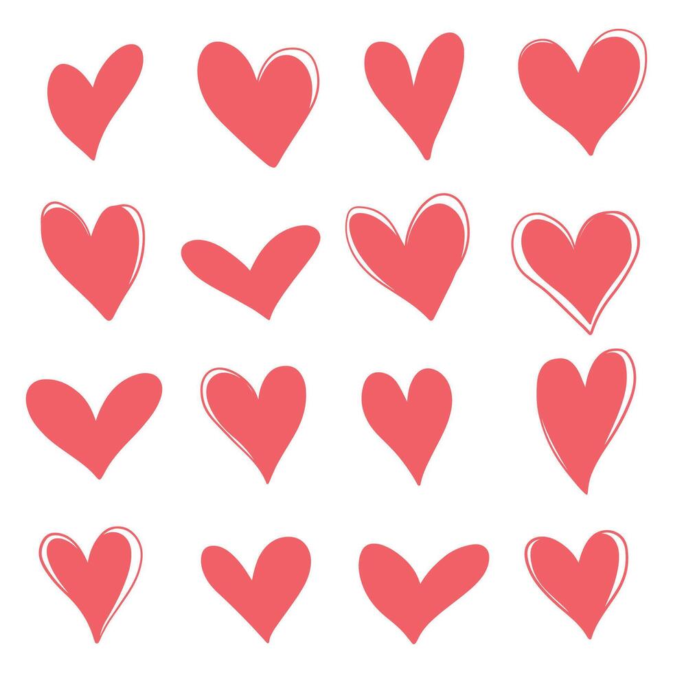 cute simple romantic set of simple decorative red hand drawing hearts on white background vector