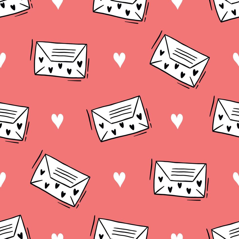 cute romantic seamless pattern with doodle style love letter envelope with heart on coral color background vector