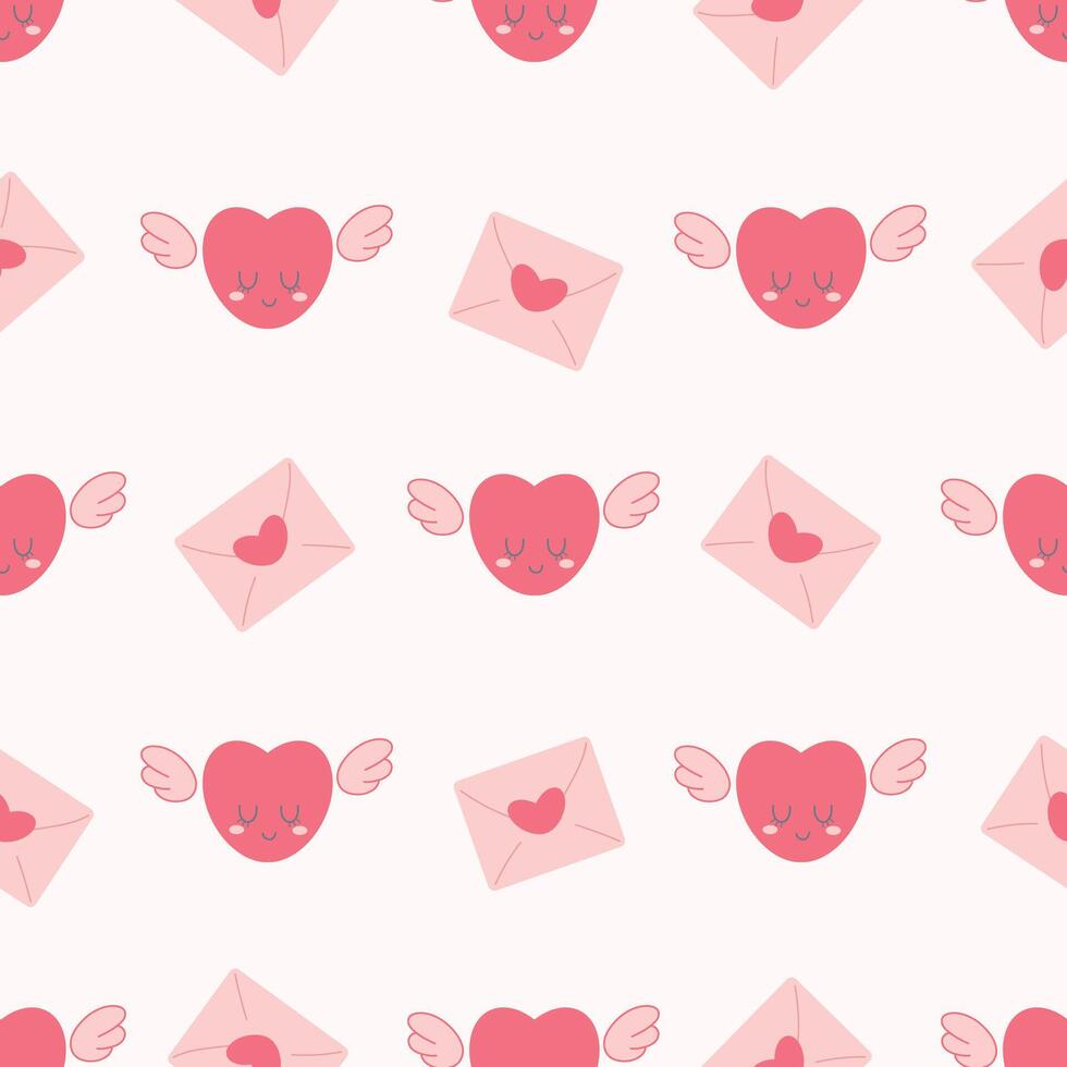 cute romantic seamless pattern with adorable hearts with wings and love letter envelope on light background vector