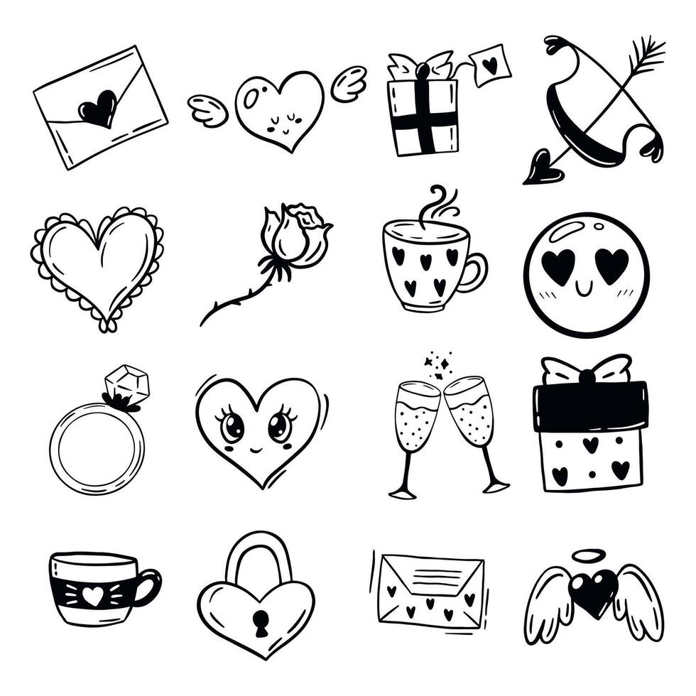 black simple romantic doodle style set of simple decorative hand drawn elements on white background vector
