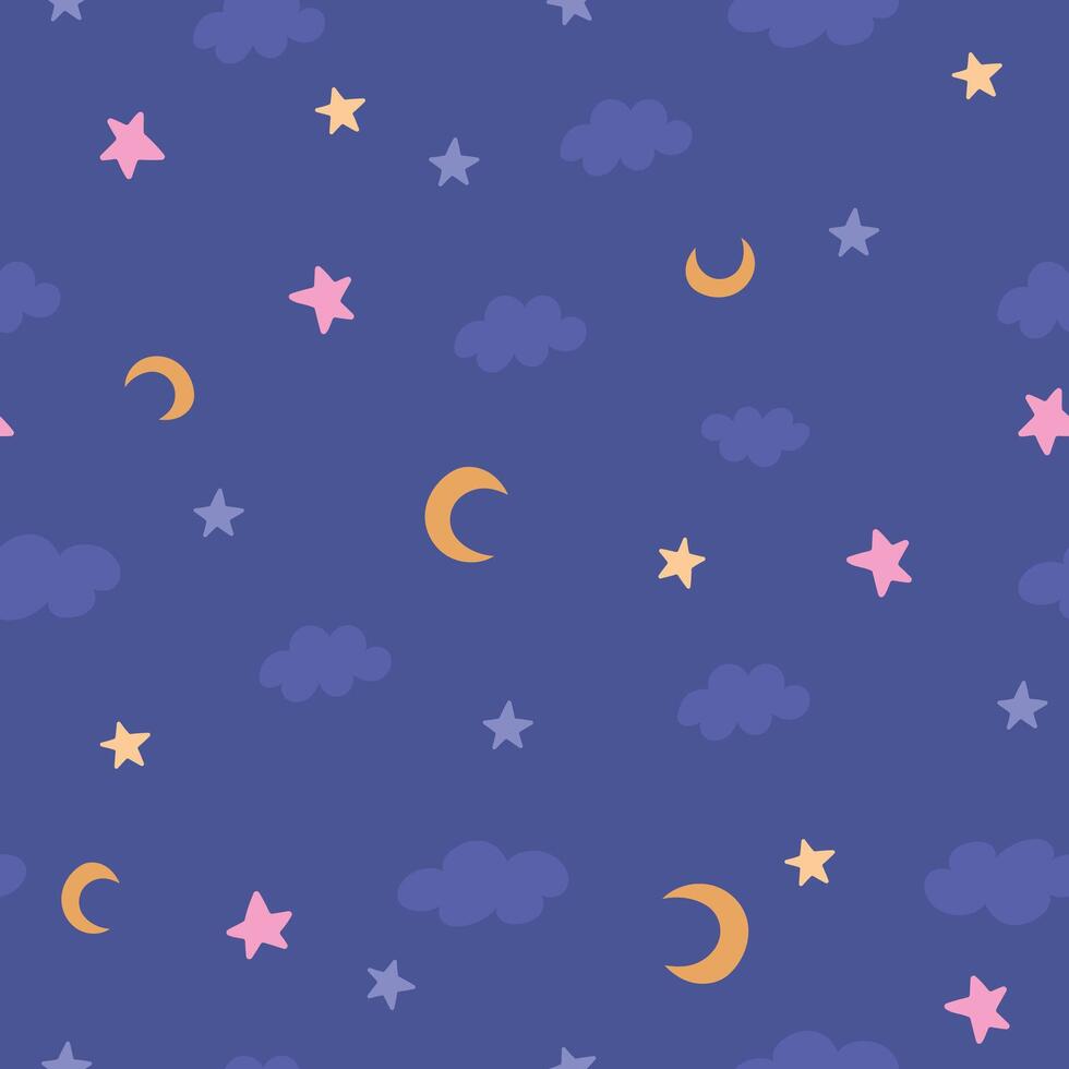 night dreamy cute nursery seamless pattern with little stars, clouds and crescent moon, on dark background vector