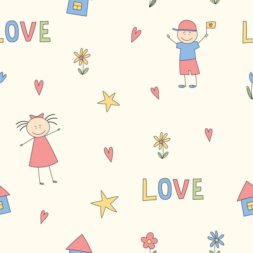 cartoon simple baby seamless pattern with little kids, flowers, hearts and stars on white background in naive doodle style vector
