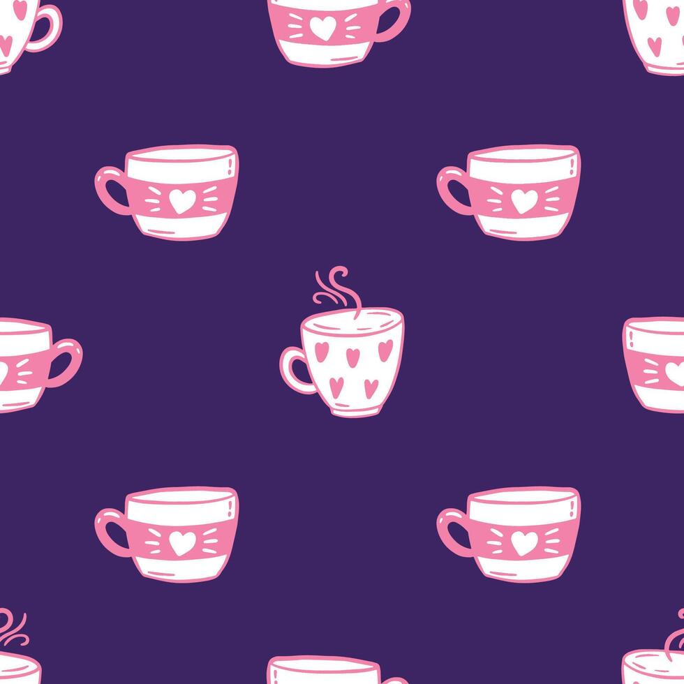 cute romantic seamless pattern of white cups of coffee with pink hearts on violet background vector