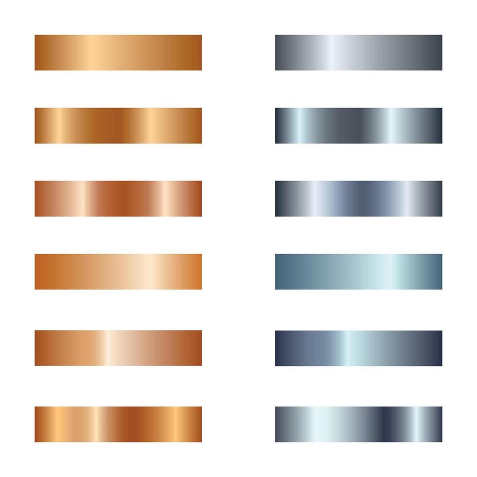 Set of gradients of gold and silver metallic texture on white background vector