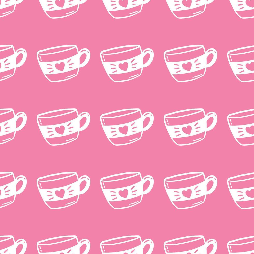 seamless pattern of white cup of coffee with heart on light pink background vector
