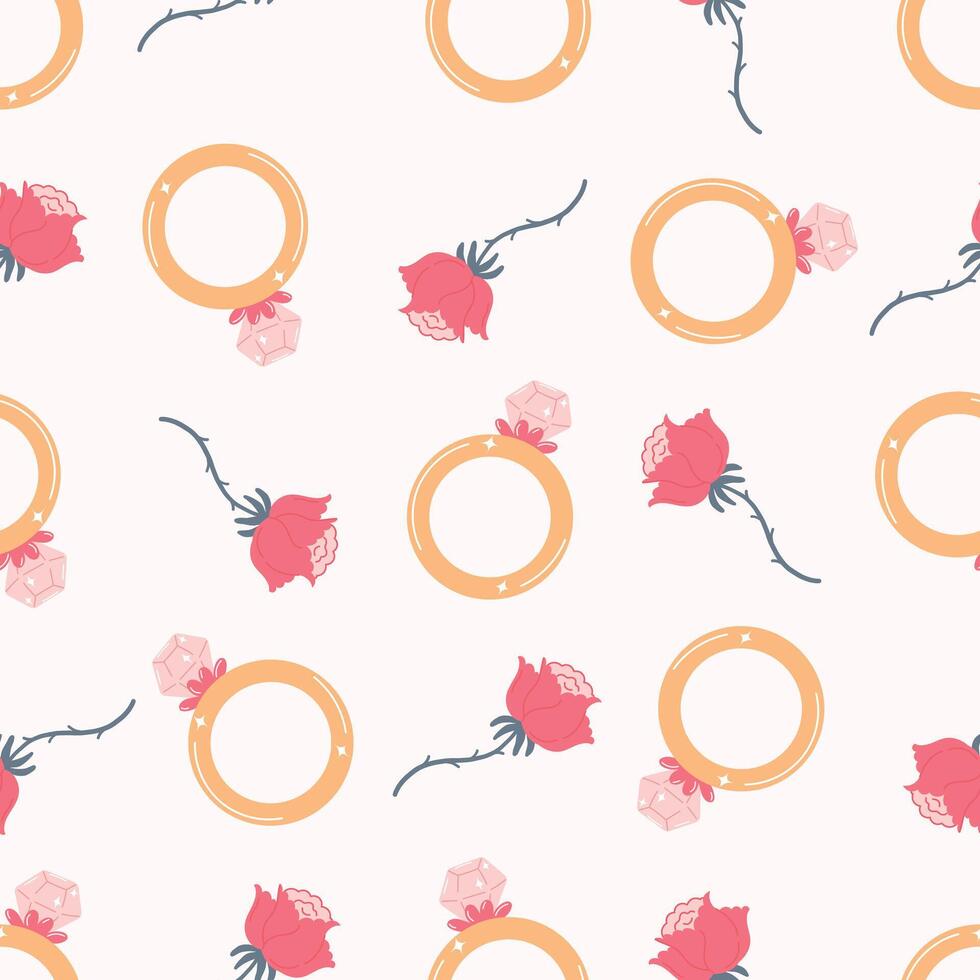 lovely romantic seamless pattern with rose flower and golden diamond ring on light background vector