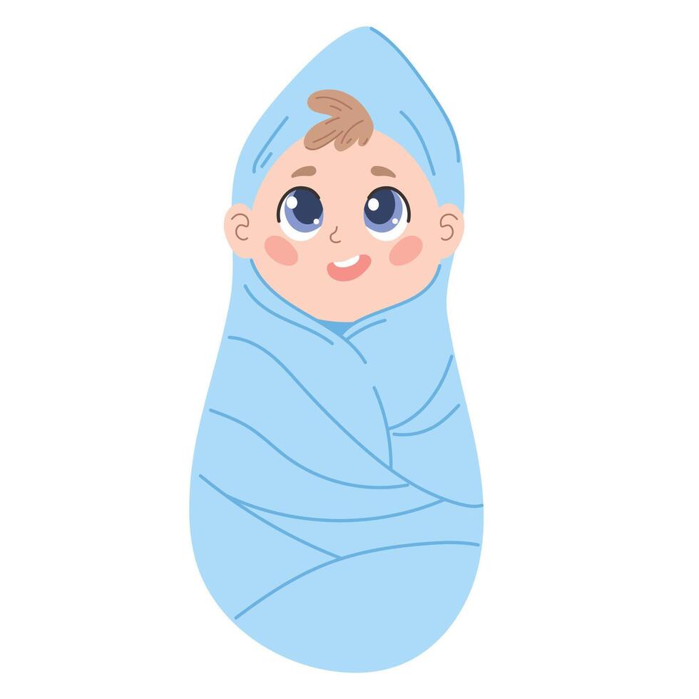 cute cartoon illustration of swaddled baby in blue diaper isolated on white background vector