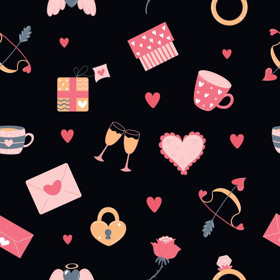 cute romantic seamless pattern with lock, heart, gift, glass of wine, cupid's bow and rose flower on black background vector