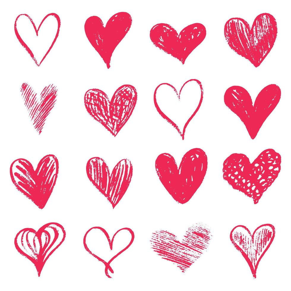 simple romantic set of simple decorative red hand drawing hearts drawn with pencil on white background vector