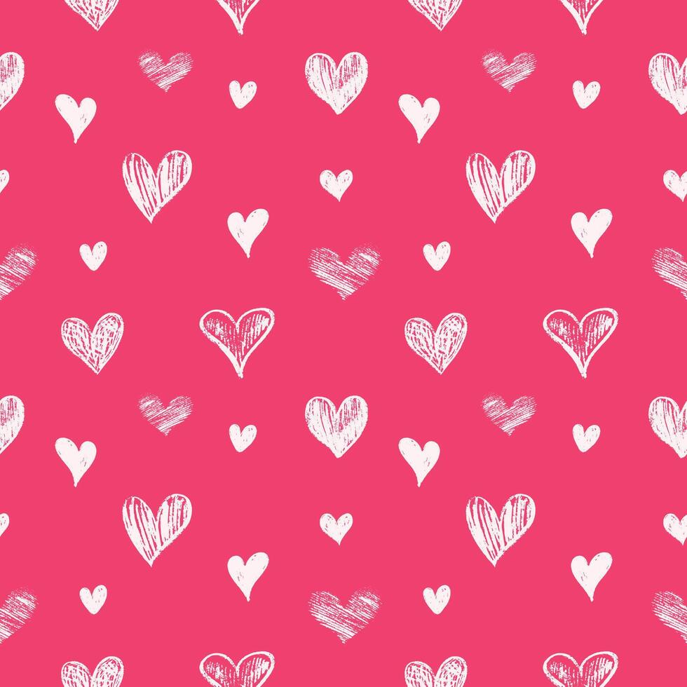 simple romantic seamless pattern with simple decorative white hand drawing hearts drawn with pencil or chalk on pink background vector
