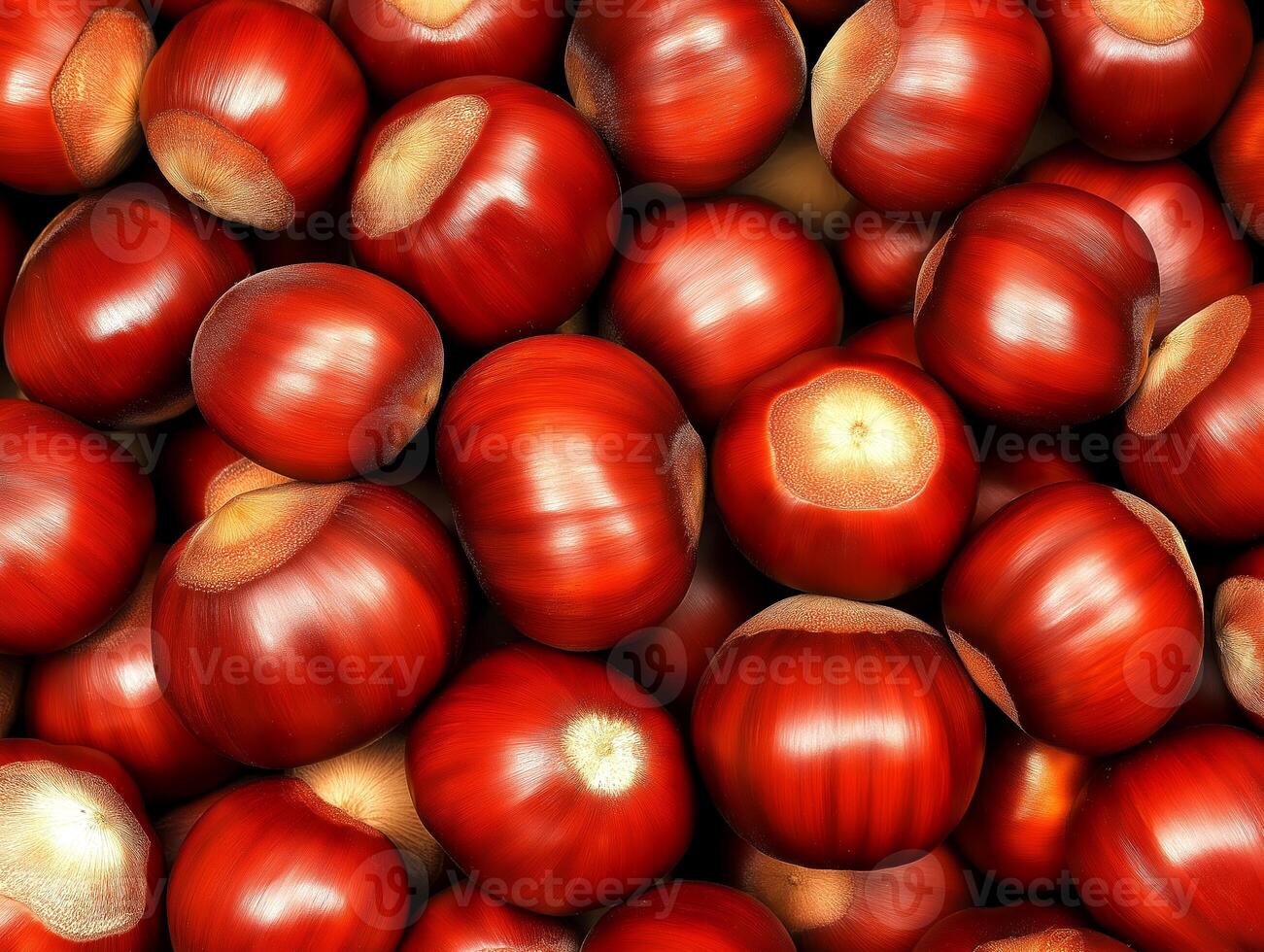 Close-up view of collection of fresh, glossy chestnuts with deep red-brown shells. Background image highlights natural texture, smooth surface, and subtle reflections on the nuts. photo