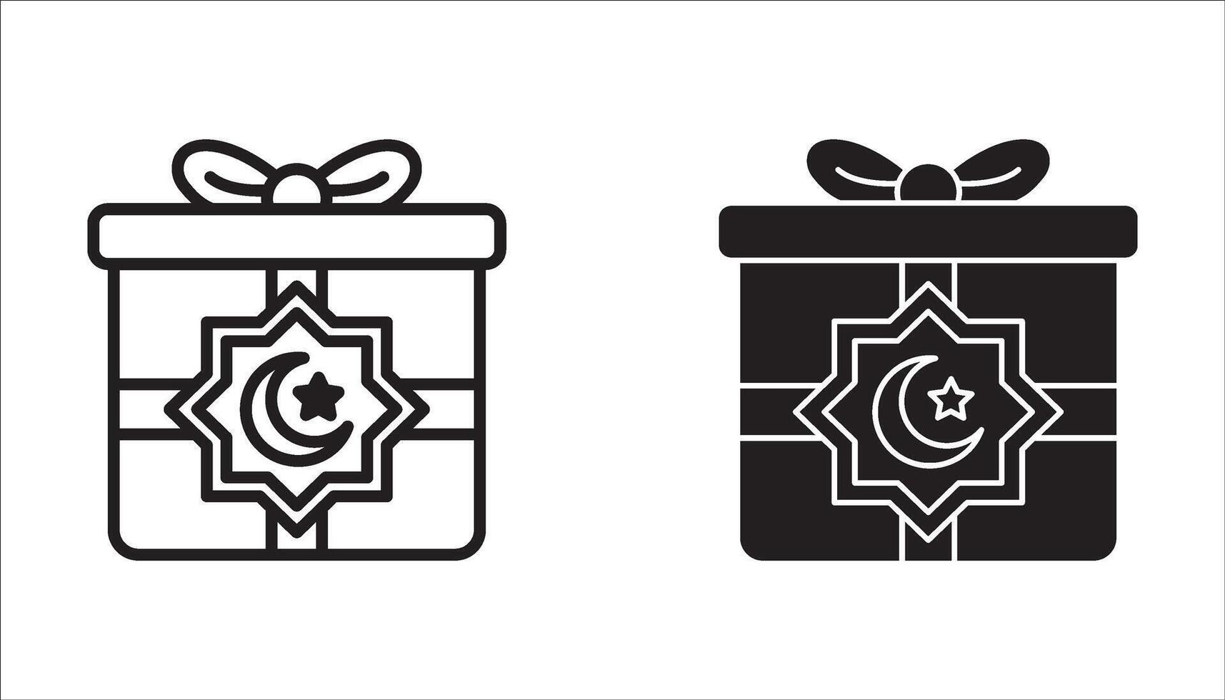 Ramadan gift icon set,with box, moon and minaret in black outline style. vector