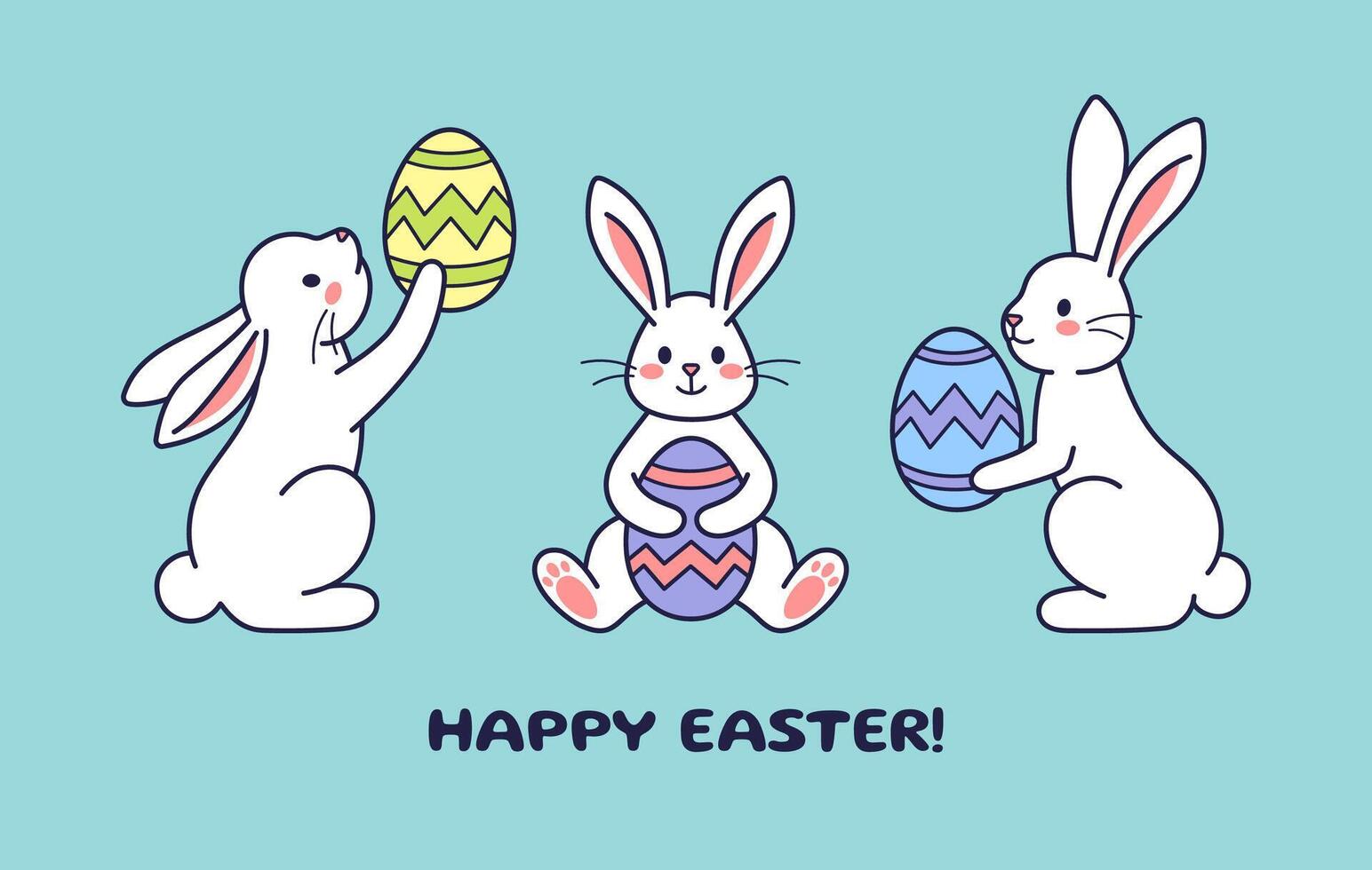 Easter character bunnies, rabbits, hares with painted eggs. Flat design, outline illustration. Easter character icon, mascot, sticker. Greeting card, postcard, Happy Easter concept vector
