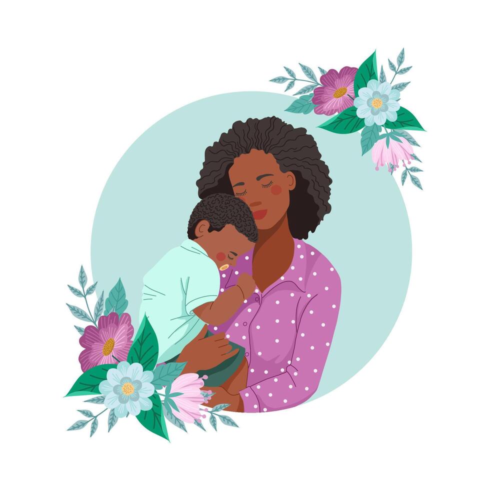 Black woman and son in her arms on a circular background surrounded by abstract flowers. Illustration for Mothers Day vector