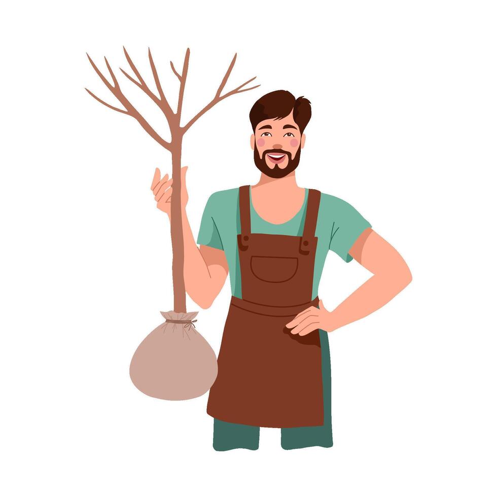 Landscape designer with a fruit tree sapling, nursery salesman with an ornamental plant seedling . vector
