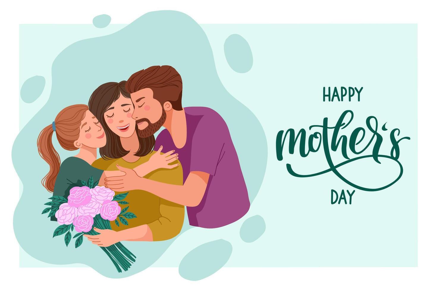 Mothers Day horizontal card with happy family, daughter and father congratulate the mother on the holiday. vector