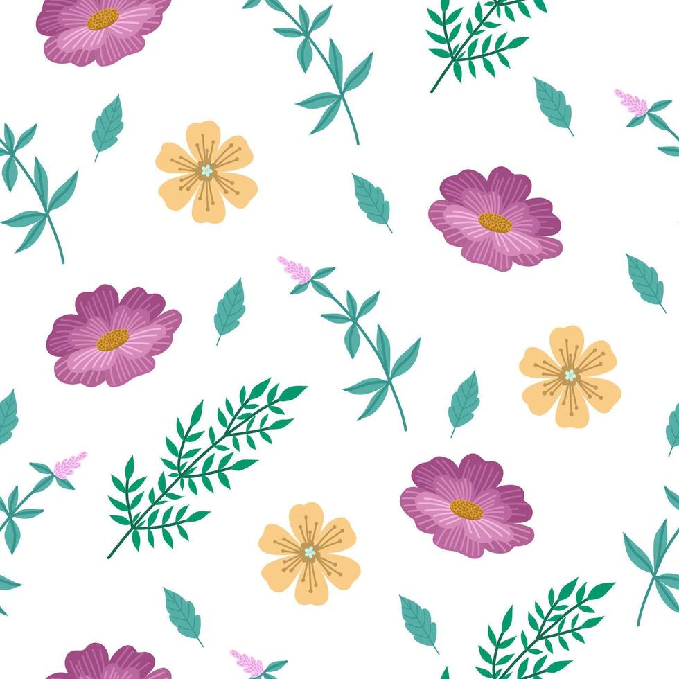Seamless pattern with abstract flowers, floral endless ornament on white background. vector
