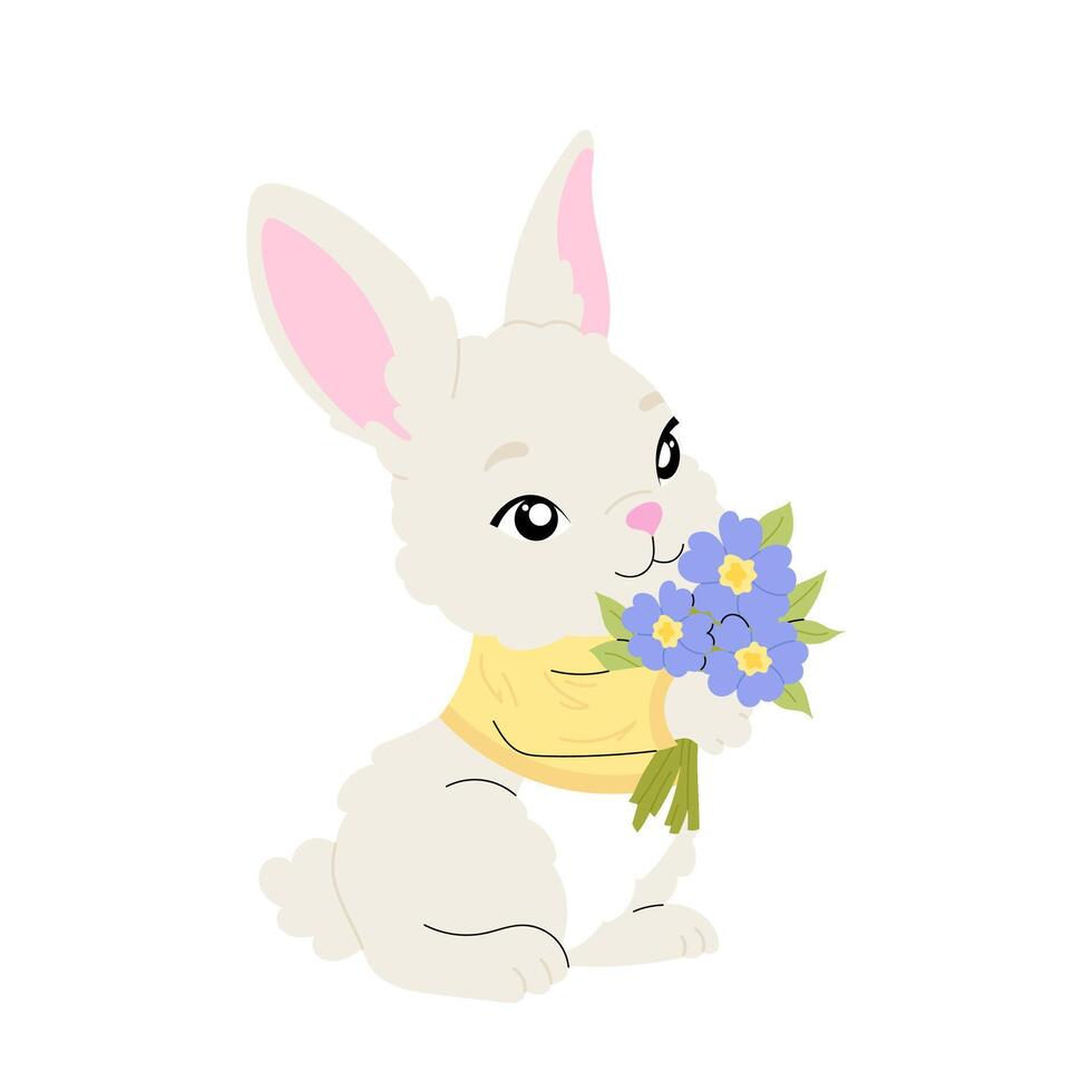 Rabbit with bouquet of blue flowers. Easter bunny. Adorable kids character for cards, poster, tag, print, baby shower vector