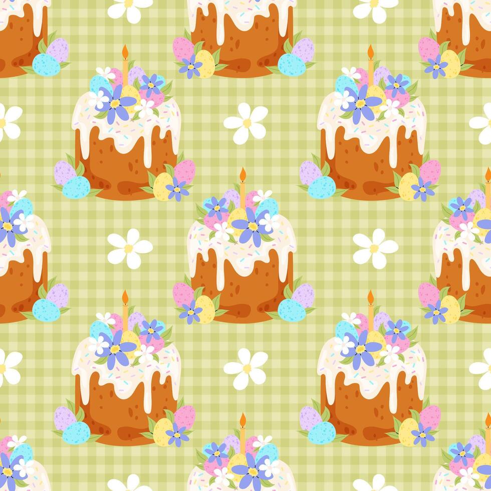 Easter Background. Easter cake with flower, candle and egg on green chequered background. Seamless pattern for textile, wrapping paper, postcards or covers. vector