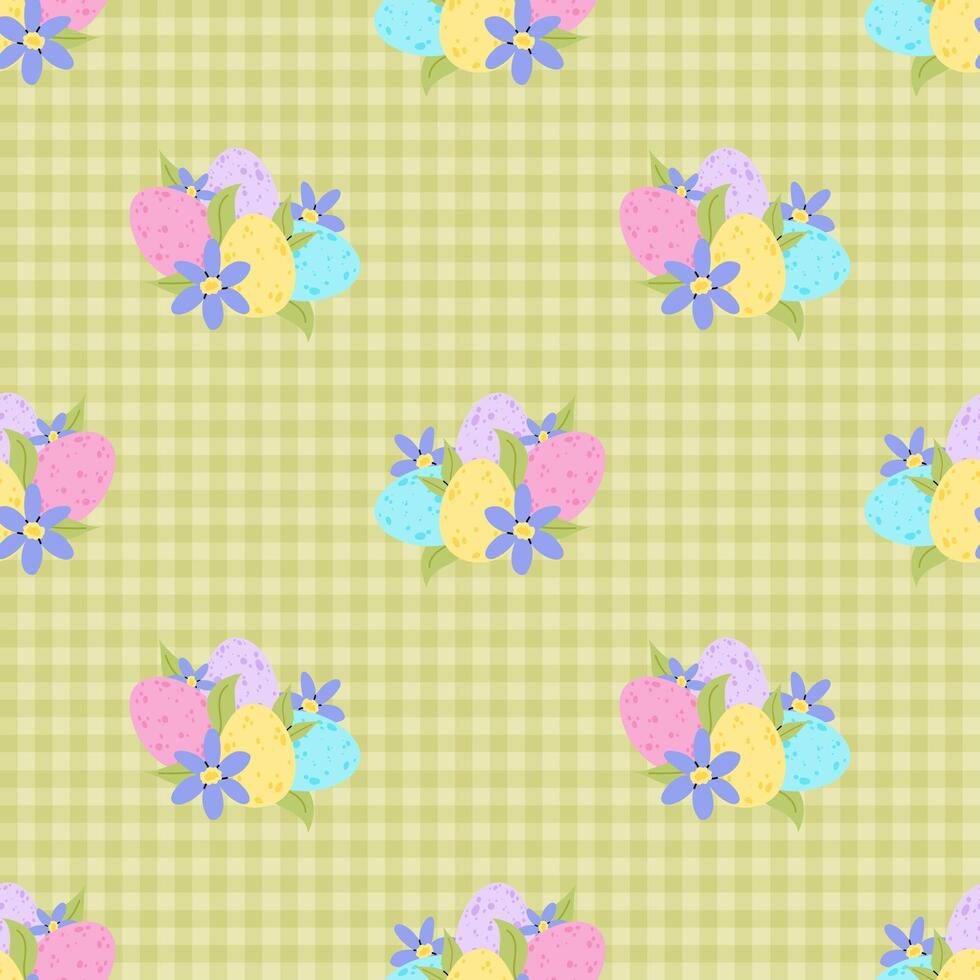 Easter egg with flower on green chequered background. Easter Background. Seamless pattern for textile, wrapping paper, postcards or covers. vector
