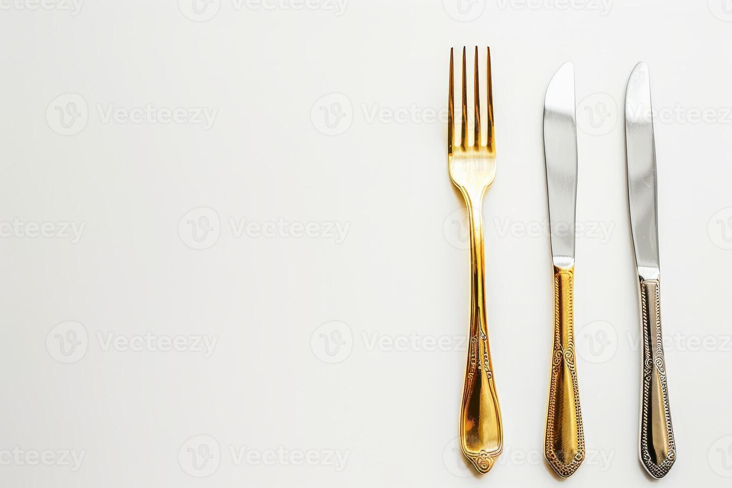 Gold flatware set includes a fork and knife displayed against a crisp white background photo