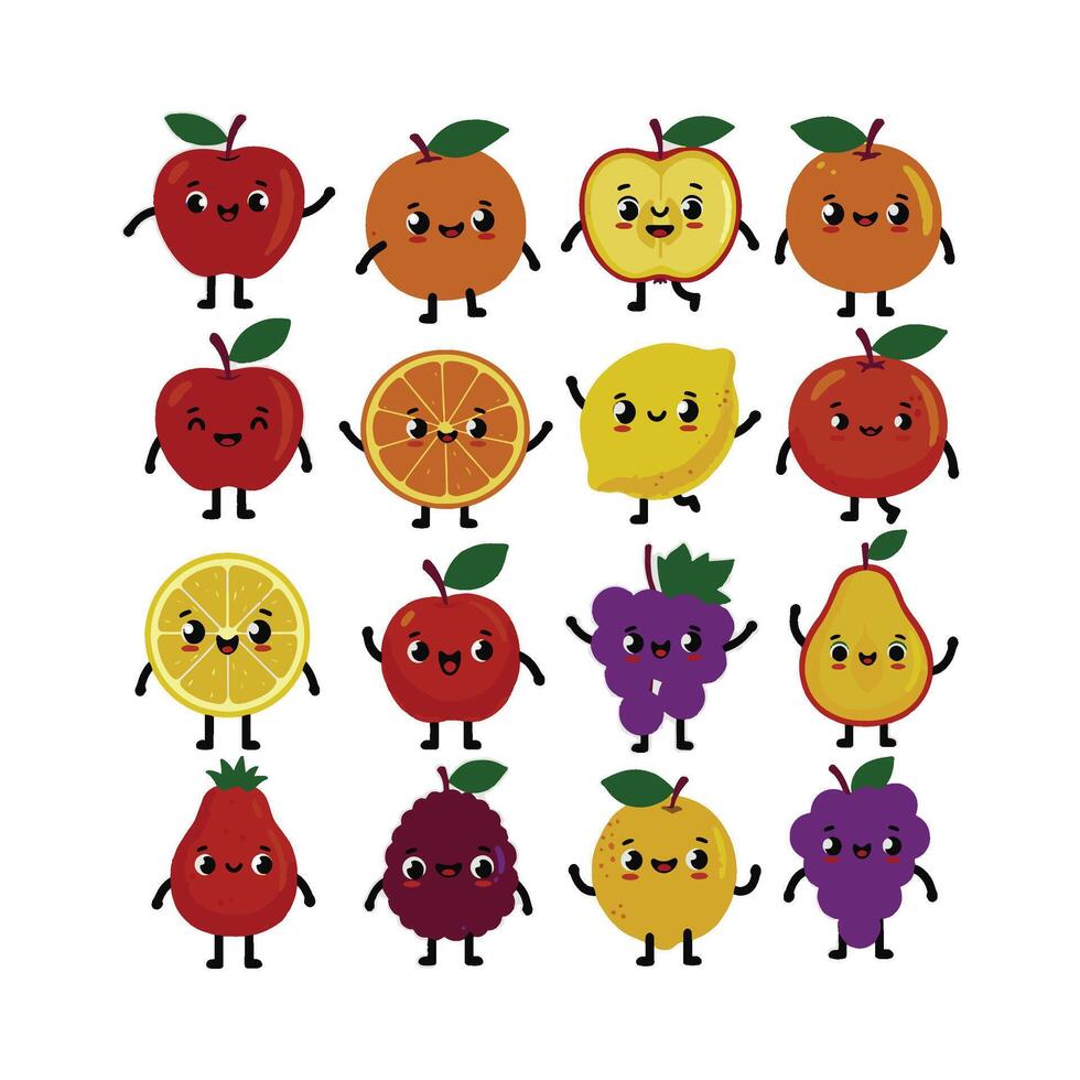 Cute Animated Drawing Fruit Faces Playful Happy Fruit Set vector