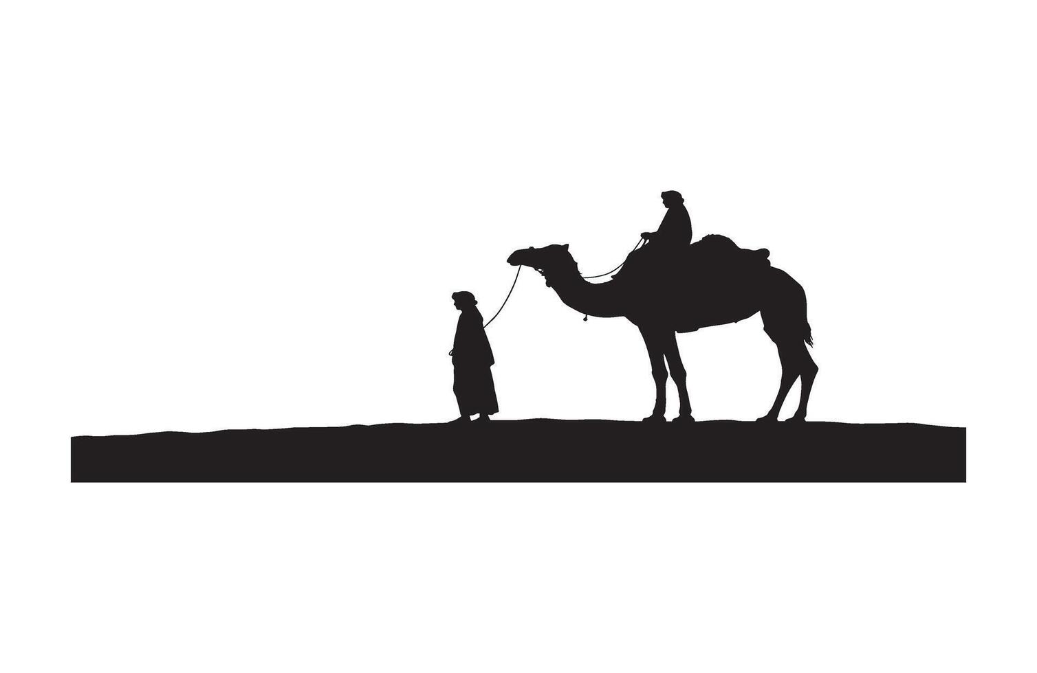Journey across sand man walking camel slowly vector