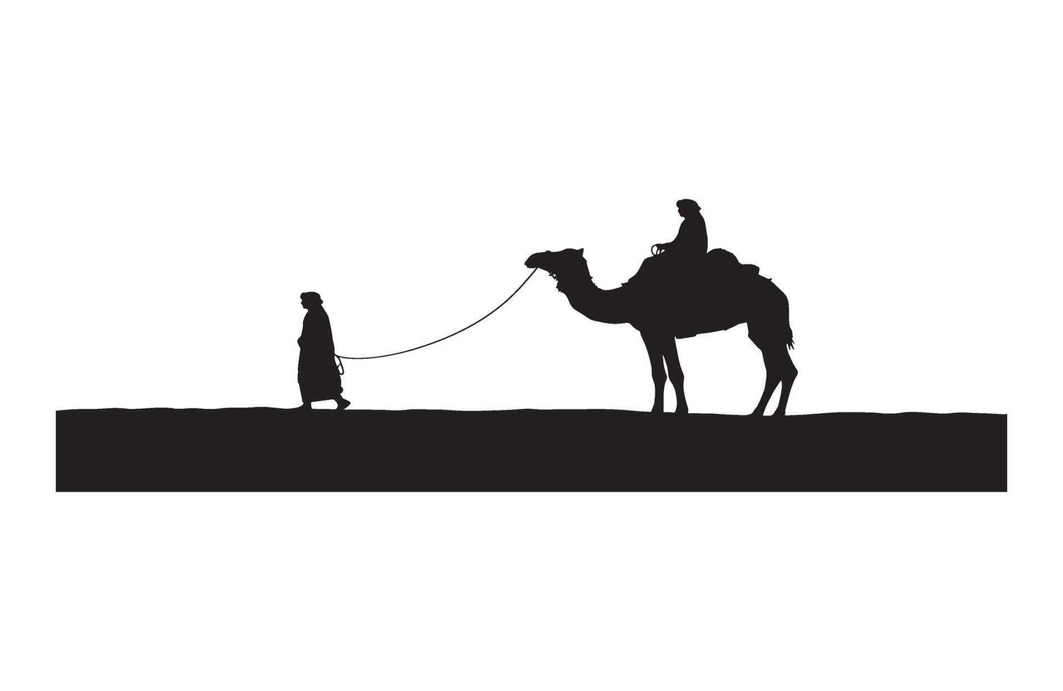 Walking desert man and camel traveling across land vector