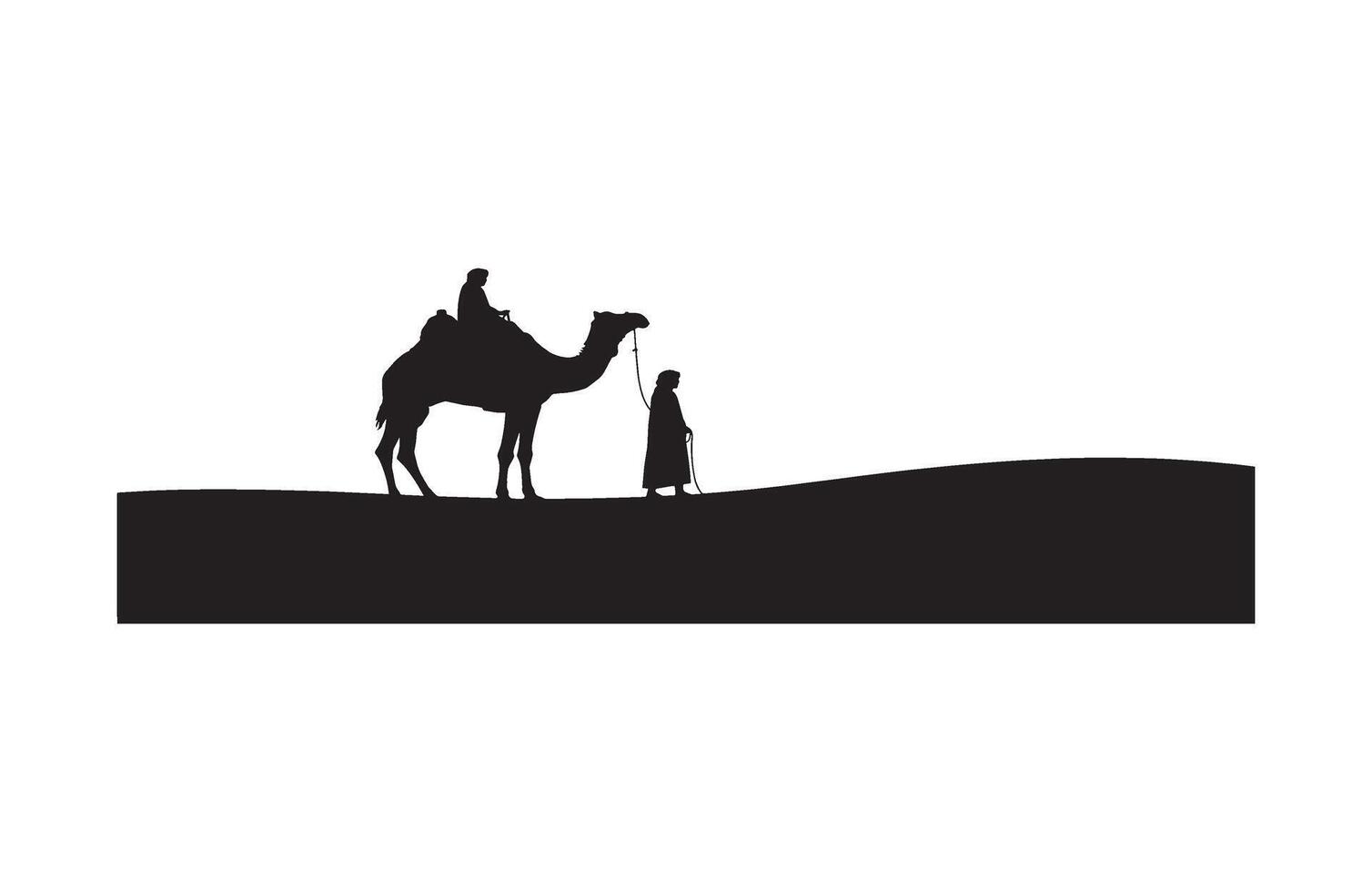 Man and camel walking in long rainy journey vector