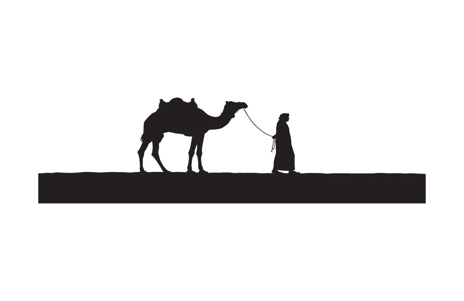 Travel companion man leading camel through rain vector