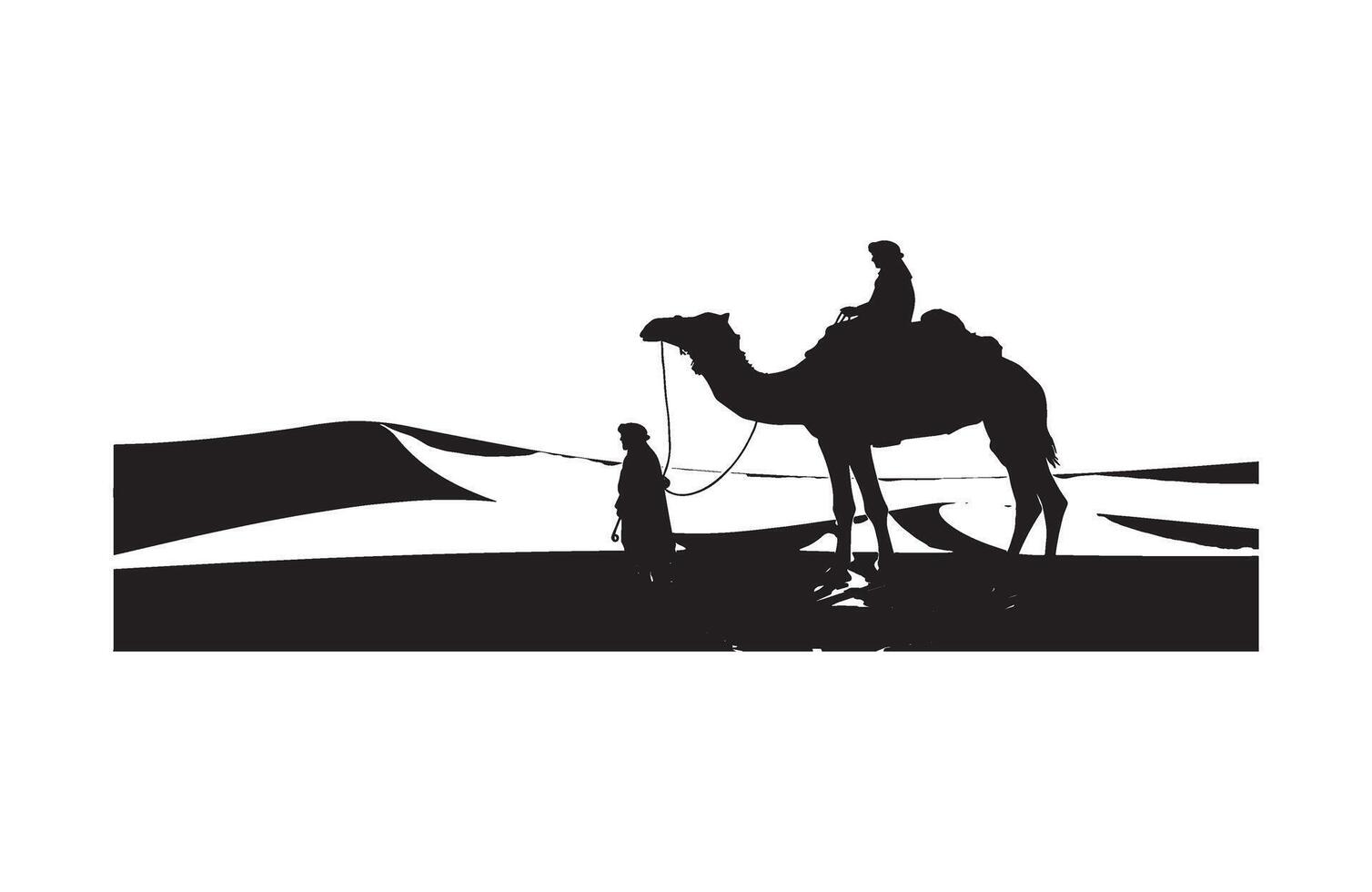 PMan and camel walking together across sand dunes vector