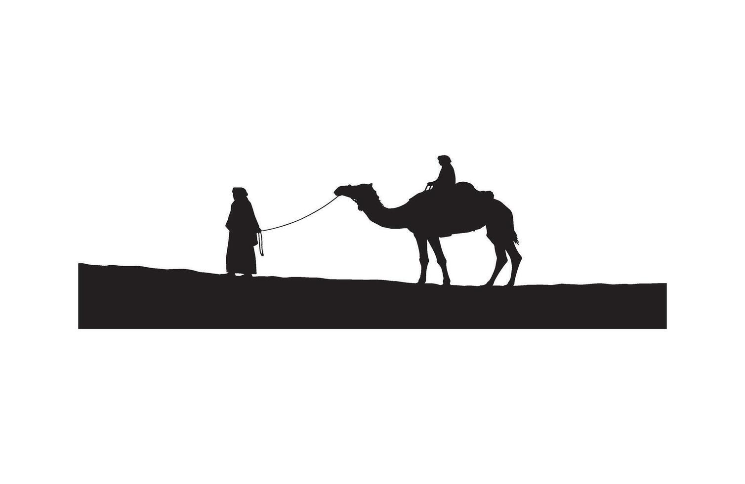 Man guiding camel along travel journey path vector