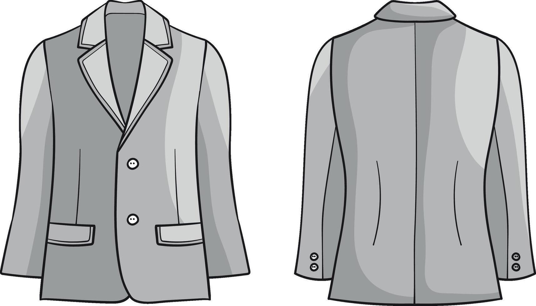 A detailed illustration of blazer, shown from both front and back views, featuring a structured lapel, button closure, and elegant pocket detail vector