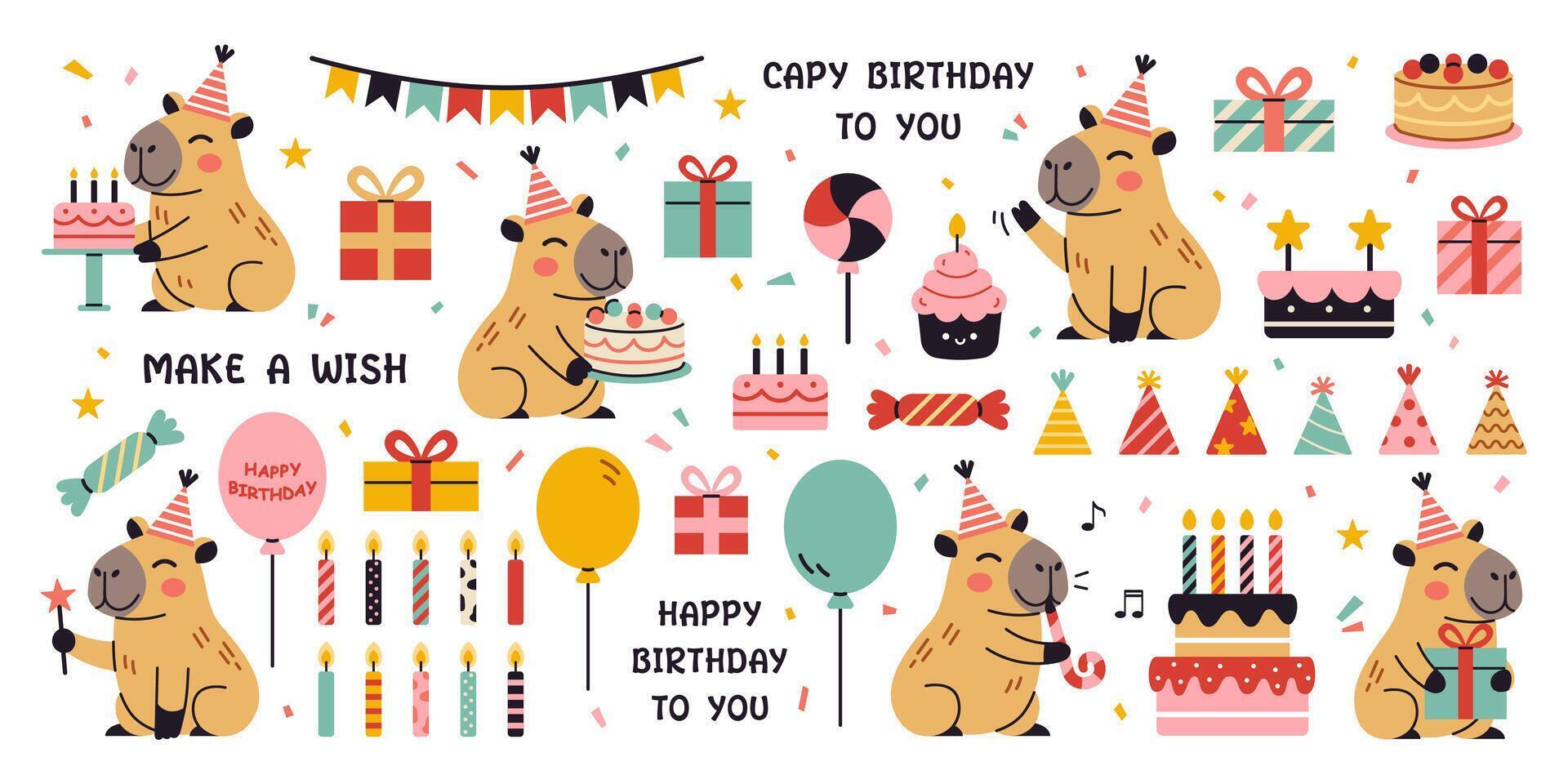 Happy birthday party set with cute capybaras and other elements. childish collection of funny amusing capybara characters, birthday cakes and sweets, candles, balloons, party hats and gifts. vector