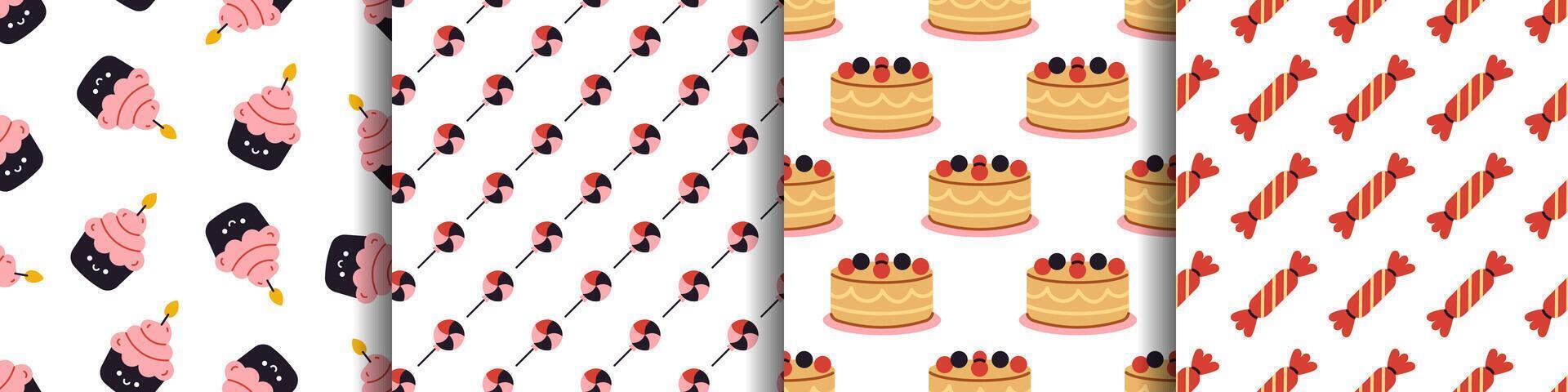 cute set of birthday seamless patterns with cakes and sweets. Festive celebration sweet food pattern collection. Print with sweet cakes and candies. Birthday wrapping design. vector