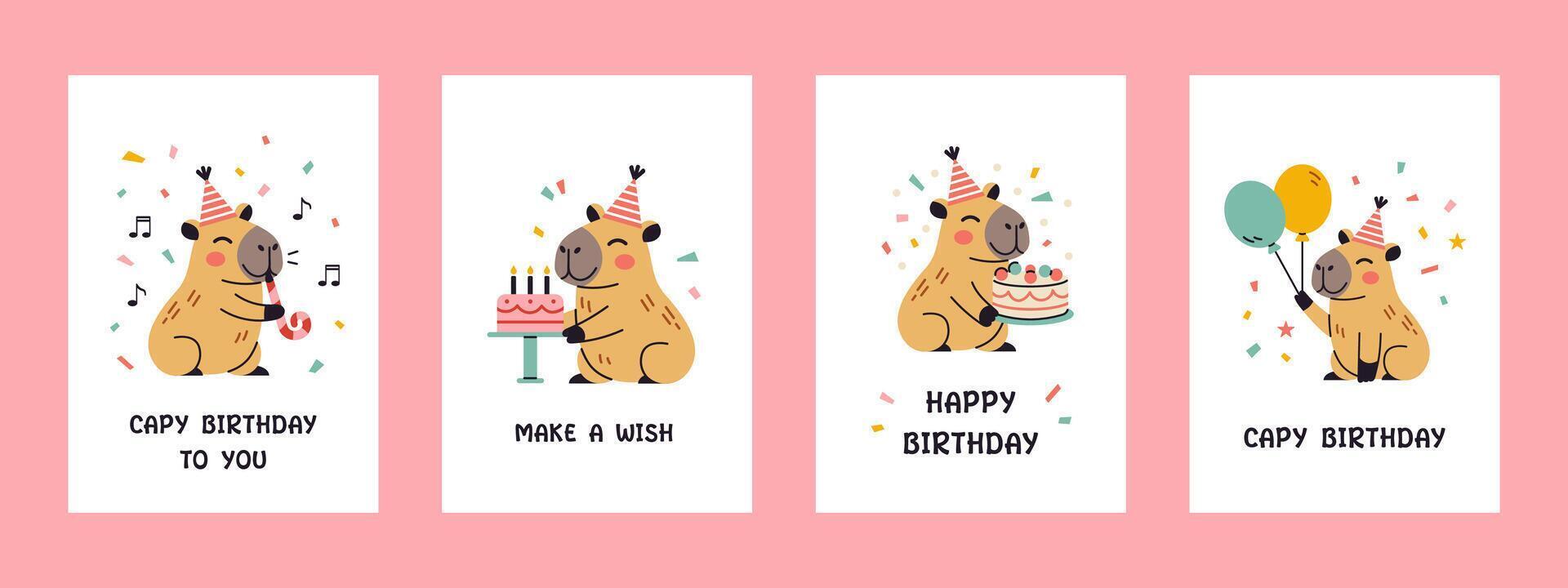 festive birthday greeting card and party invitation set with adorable capybaras in flat design. Includes cheerful posters, festive postcards, collection of birthday greeting illustrations. vector