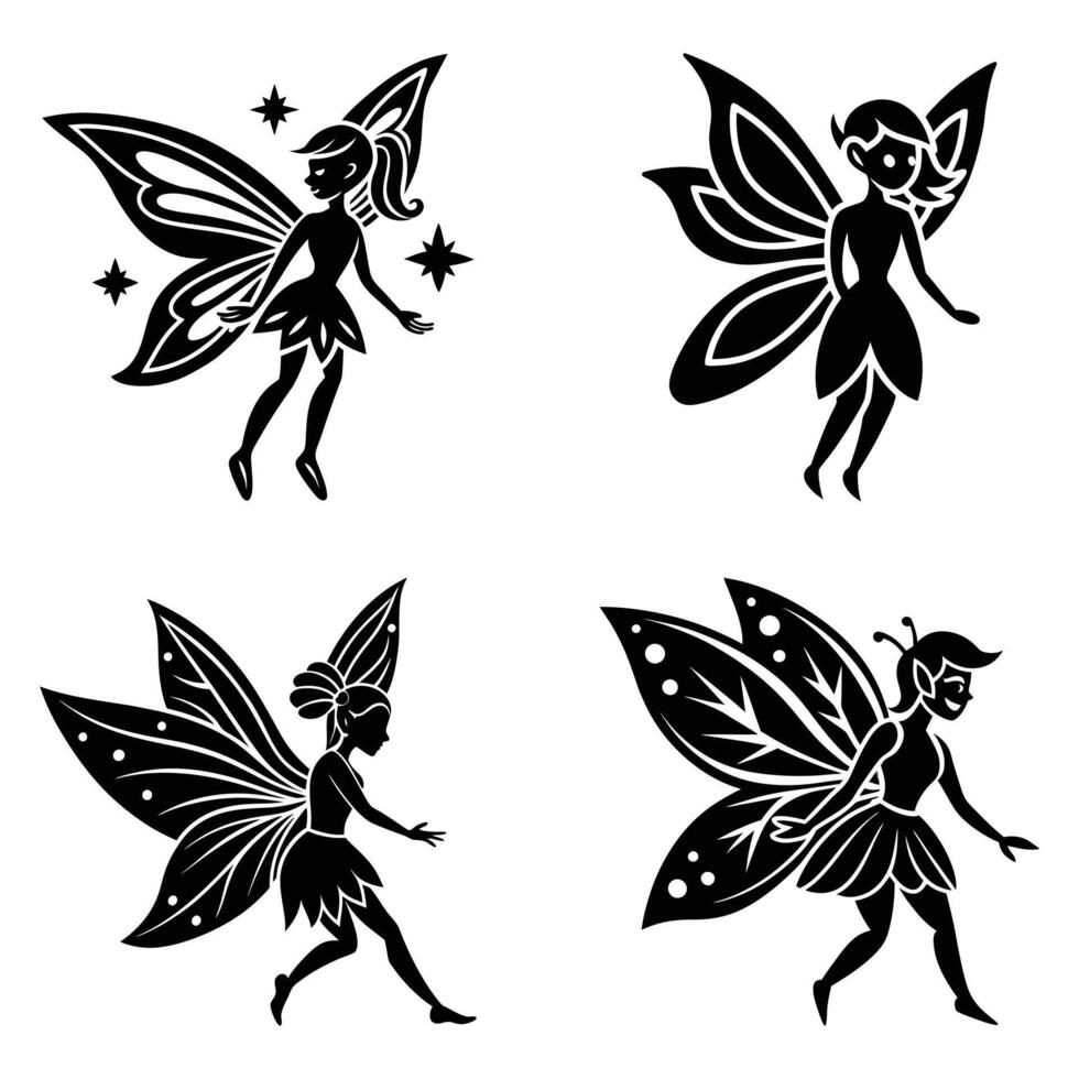 Four stylized black and white fairy silhouettes. vector