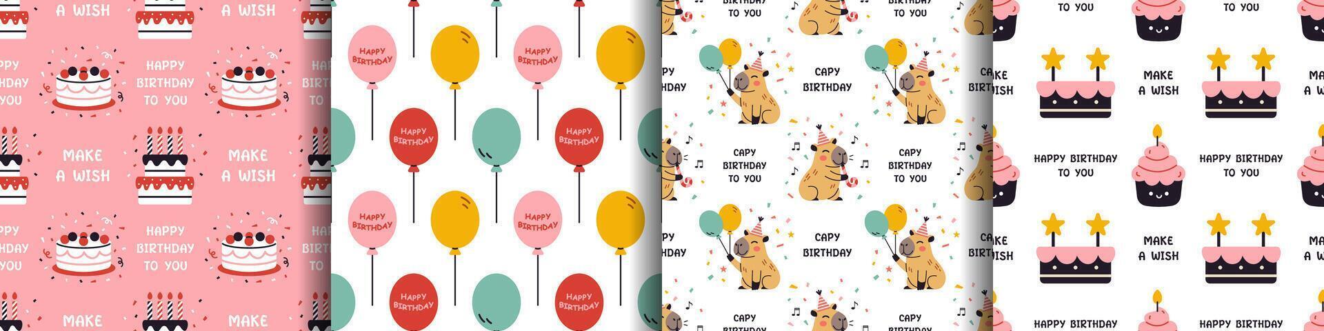 cute set of birthday party seamless patterns with cakes, sweets, balloons and capybaras. Festive celebration pattern collection. Print with birthday elements. Happy birthday wrapping design. vector