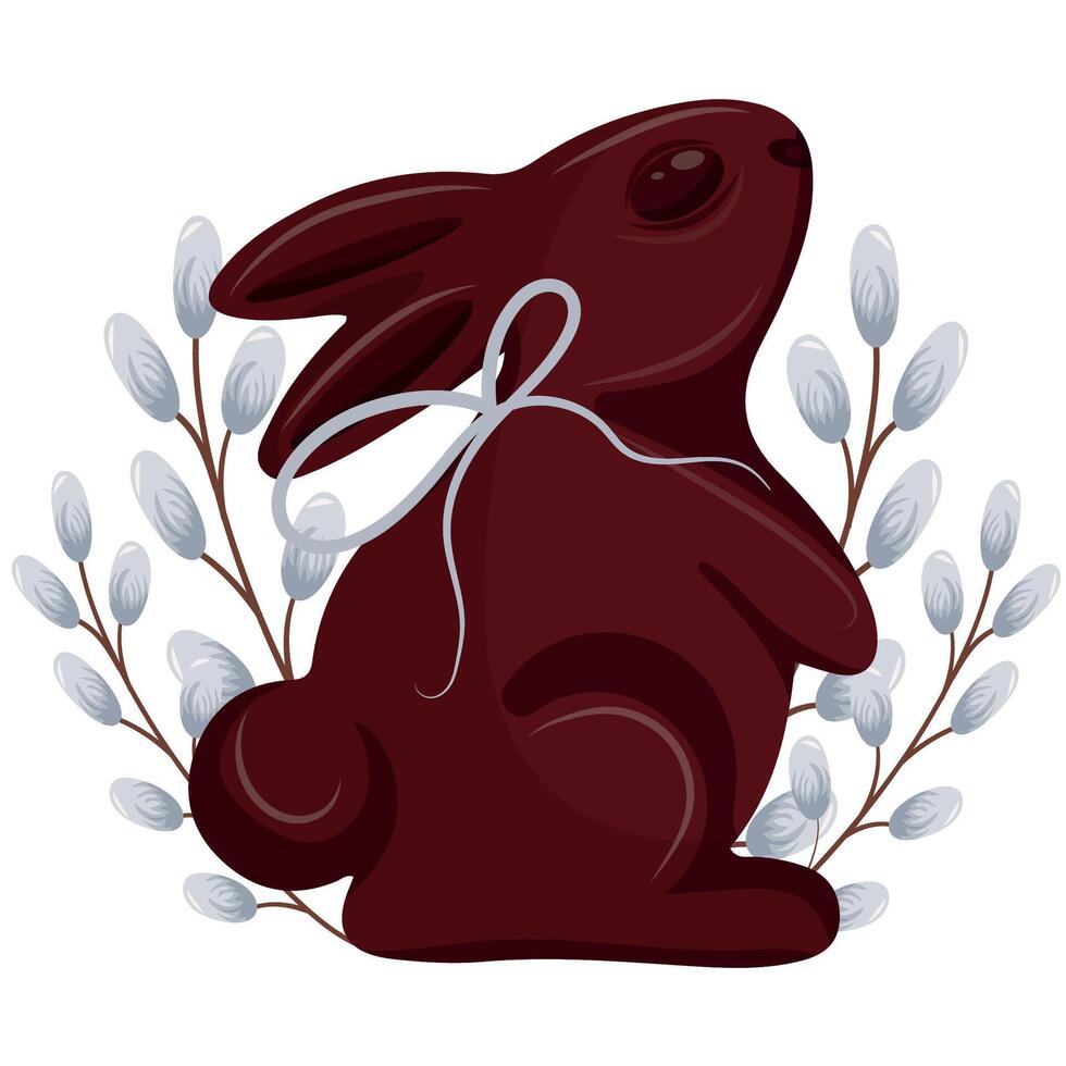 icon of a chocolate Easter bunny standing on its hind legs with a white bow around its neck and willow, for Easter decorations vector
