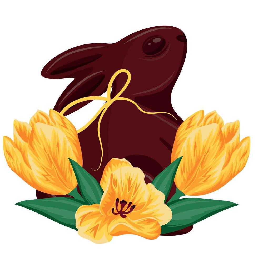 icon of a chocolate Easter bunny standing on its hind legs with a yellow bow around its neck and yellow tulip buds, for Easter decorations vector