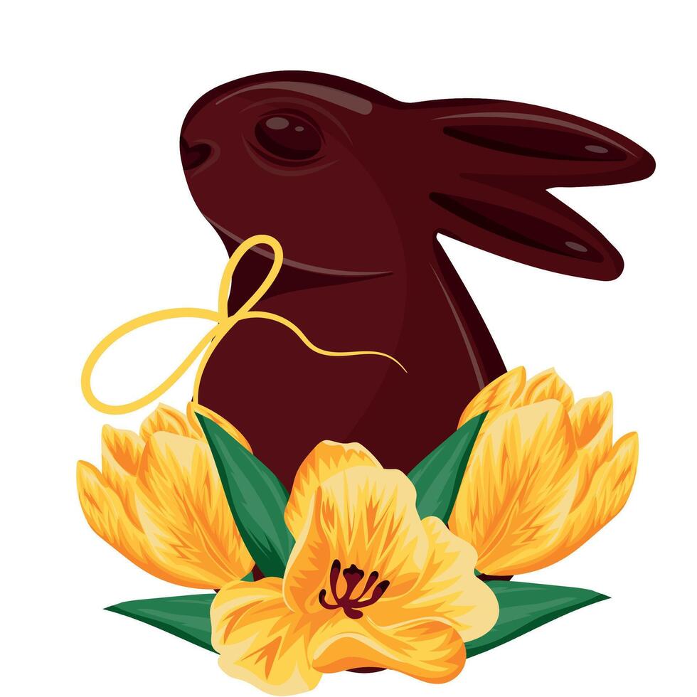 icon of a chocolate Easter bunny looking from the back with a yellow bow around its neck and yellow tulip buds, for Easter decorations vector