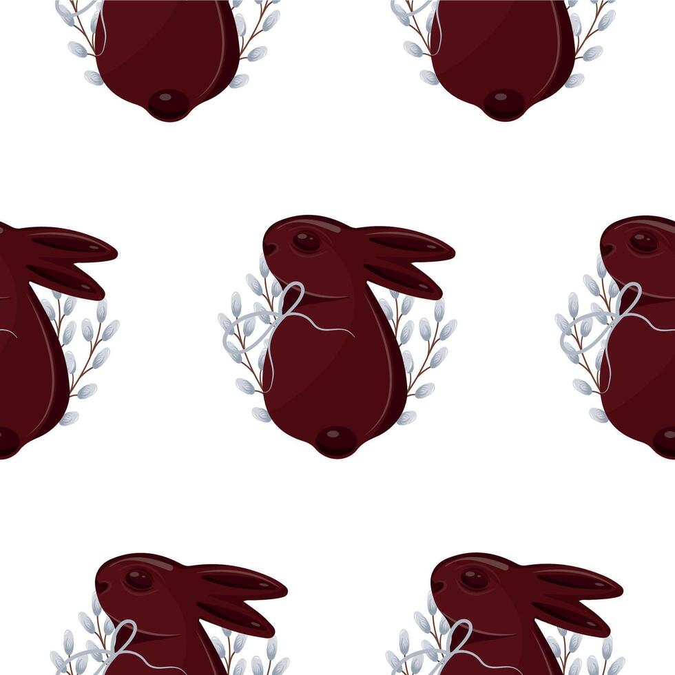 seamless pattern with chocolate Easter bunnies with willow branches with gray ribbons, for Easter decorations vector